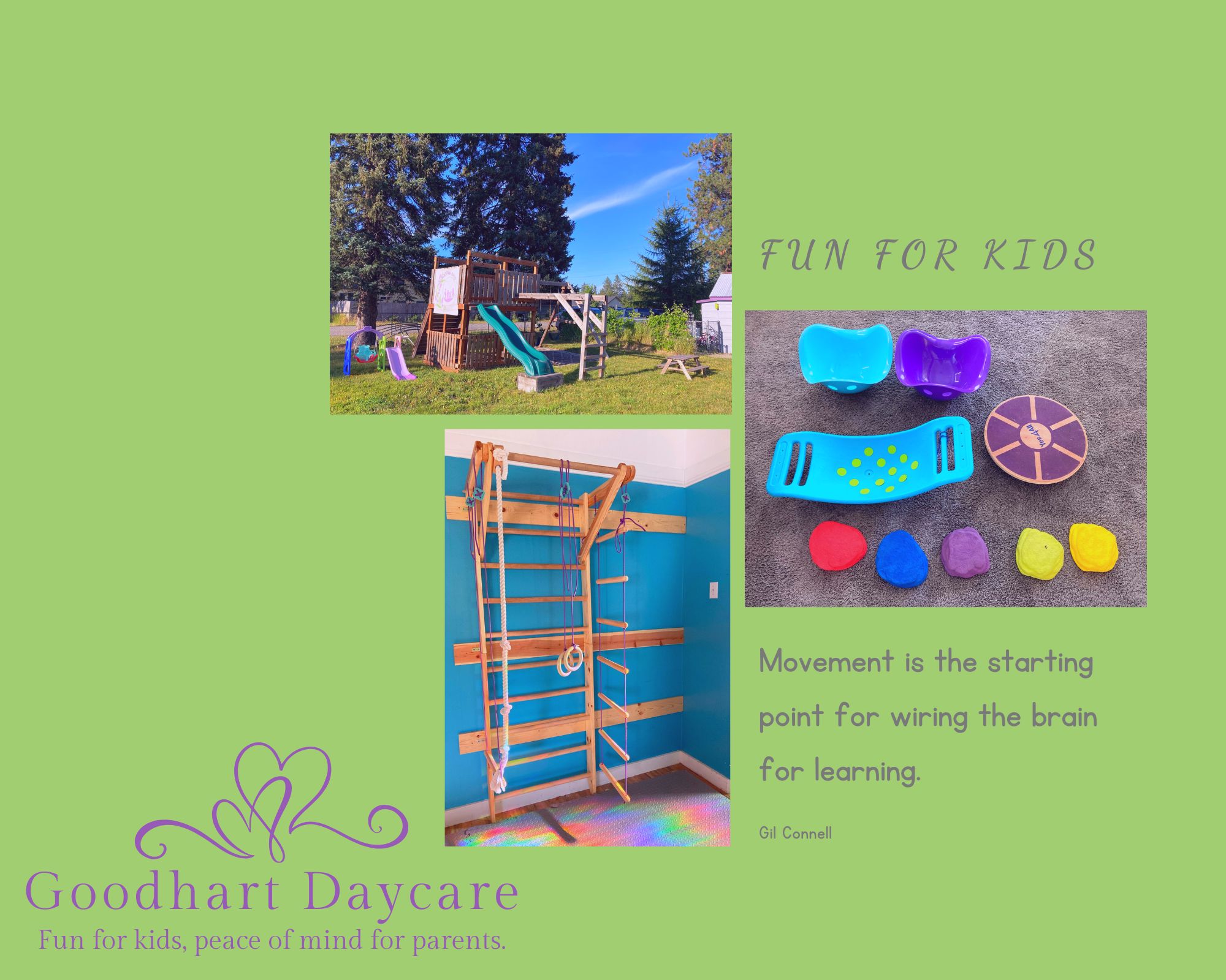 Drop in daycare, fun for kids, peace of mine for parents. Serving Rathdrum, Hayden, Post Falls, CDA, Spirit Lake, and Athol. Photo shows yard with large play set, indoor junge gym, and sensory friendly toys.